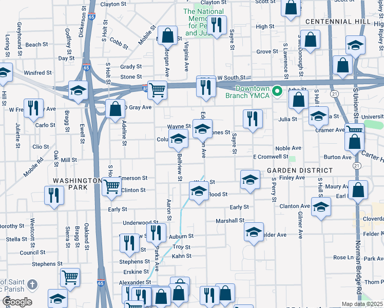 map of restaurants, bars, coffee shops, grocery stores, and more near 1000 Edgar D Nixon Avenue in Montgomery