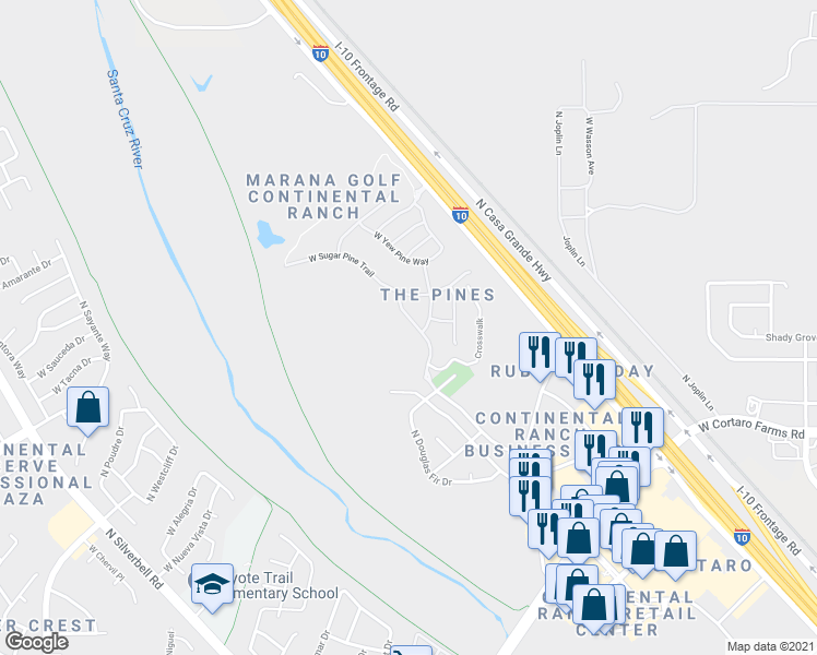 map of restaurants, bars, coffee shops, grocery stores, and more near 8597 North Continental Links Drive in Tucson