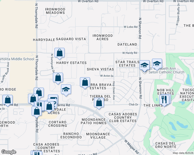map of restaurants, bars, coffee shops, grocery stores, and more near 8563 North Rembrandt Place in Tucson