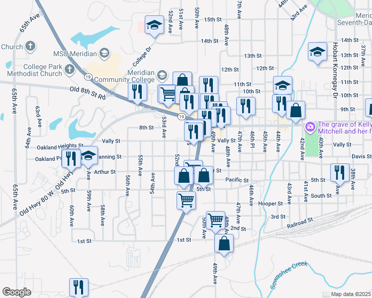 map of restaurants, bars, coffee shops, grocery stores, and more near 713 51st Avenue in Meridian