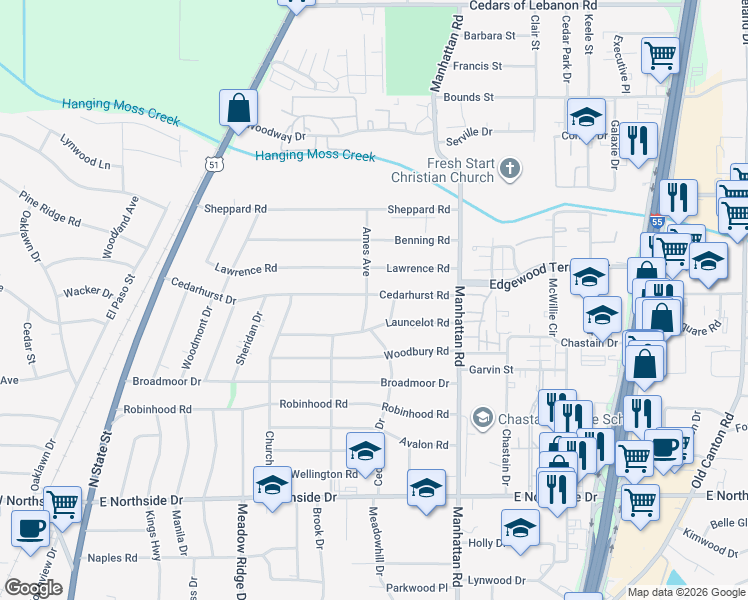 map of restaurants, bars, coffee shops, grocery stores, and more near 701 Cedarhurst Road in Jackson