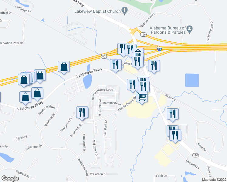 map of restaurants, bars, coffee shops, grocery stores, and more near 7125 Heathermoore Loop in Montgomery