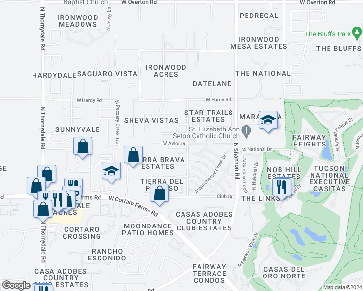 map of restaurants, bars, coffee shops, grocery stores, and more near 3143 West Avior Drive in Tucson
