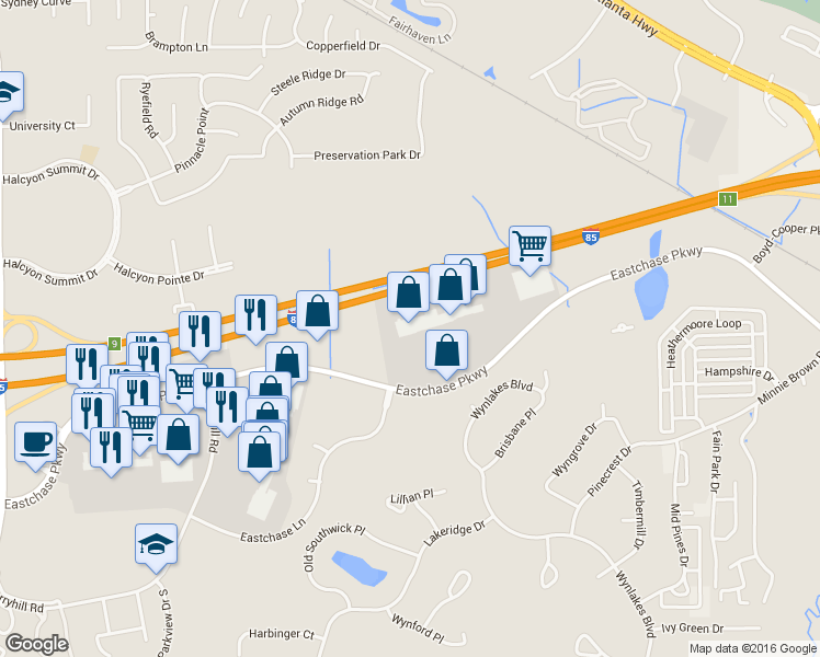 map of restaurants, bars, coffee shops, grocery stores, and more near 7861 Eastchase Parkway in Montgomery