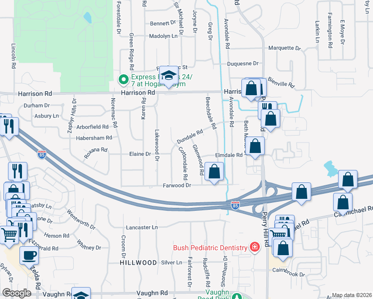 map of restaurants, bars, coffee shops, grocery stores, and more near 1132 Glenwood Road in Montgomery