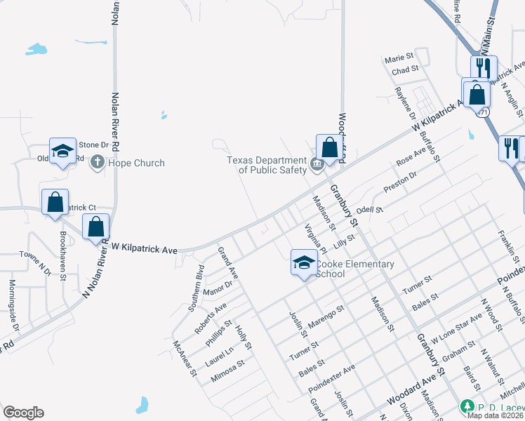 map of restaurants, bars, coffee shops, grocery stores, and more near 1915 Starling Court in Cleburne