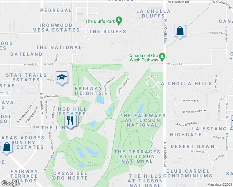 map of restaurants, bars, coffee shops, grocery stores, and more near 8589 North Johnny Miller Drive in Tucson