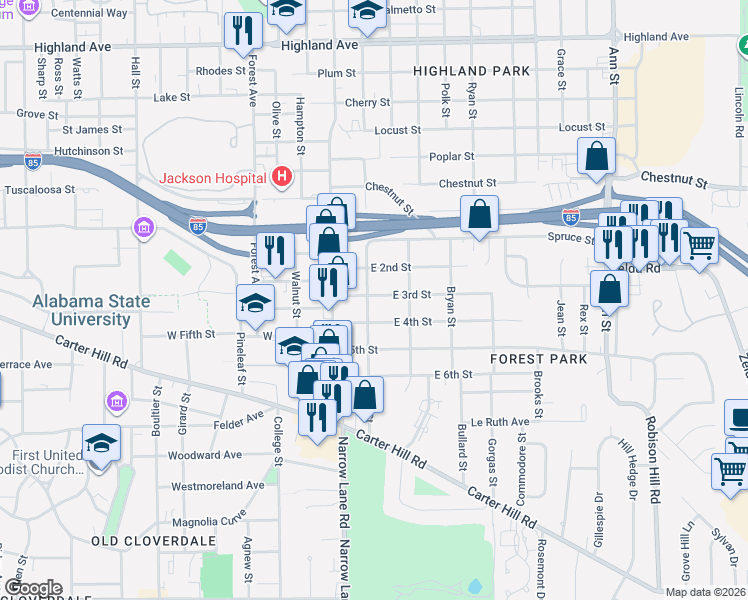map of restaurants, bars, coffee shops, grocery stores, and more near 1717 West Street in Montgomery