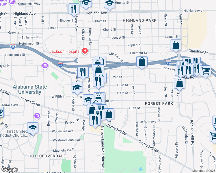 map of restaurants, bars, coffee shops, grocery stores, and more near 1717 West Street in Montgomery
