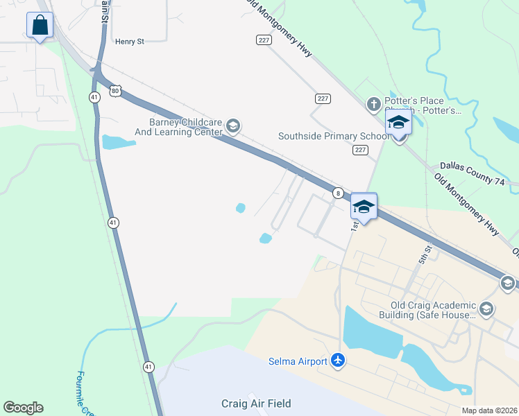 map of restaurants, bars, coffee shops, grocery stores, and more near 19 Luker Circle in Selma