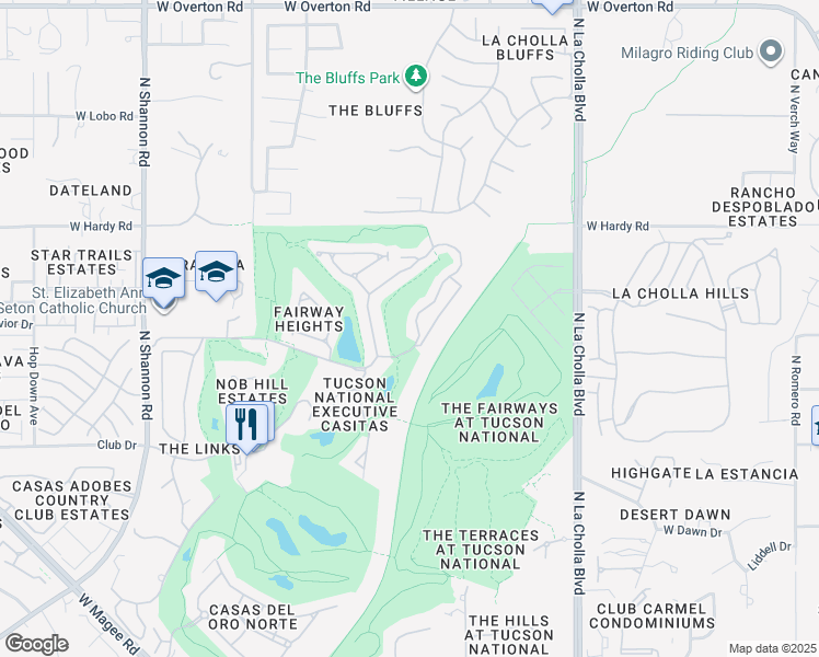 map of restaurants, bars, coffee shops, grocery stores, and more near 8589 North Johnny Miller Drive in Tucson