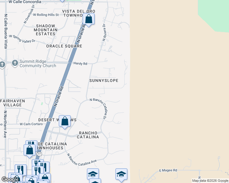 map of restaurants, bars, coffee shops, grocery stores, and more near 521 East Windy Peak Place in Tucson
