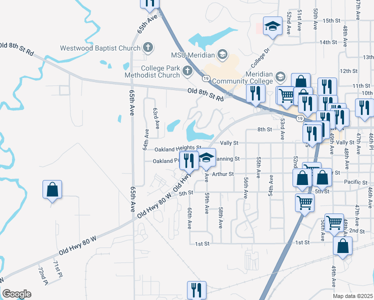 map of restaurants, bars, coffee shops, grocery stores, and more near 5948 Oakland Park Street in Meridian