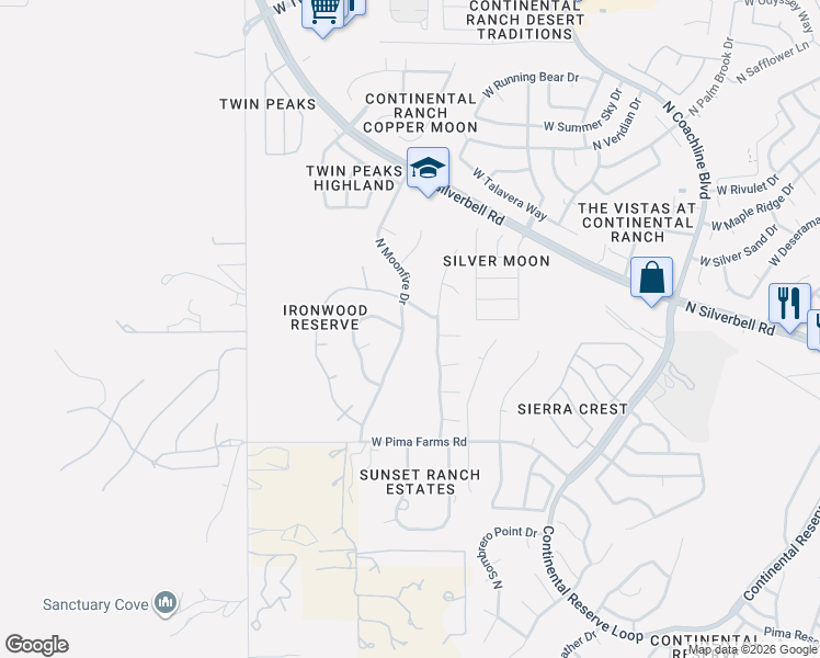 map of restaurants, bars, coffee shops, grocery stores, and more near 8604 North Moonfire Drive in Tucson