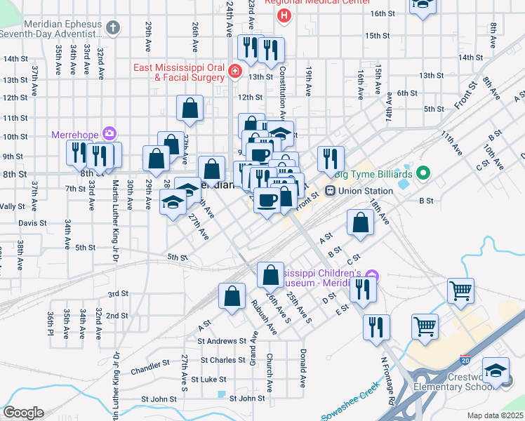 map of restaurants, bars, coffee shops, grocery stores, and more near 417 Mississippi 493 in Meridian