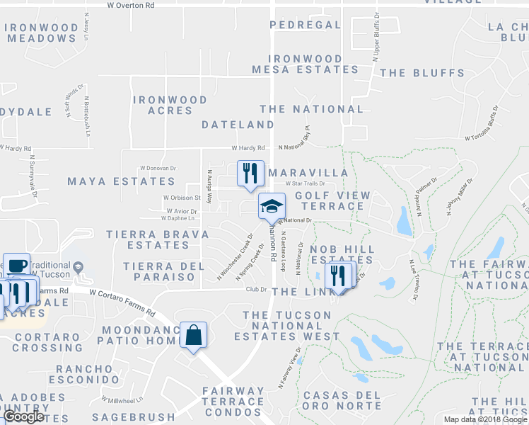 map of restaurants, bars, coffee shops, grocery stores, and more near 2918 West Talara Lane in Tucson