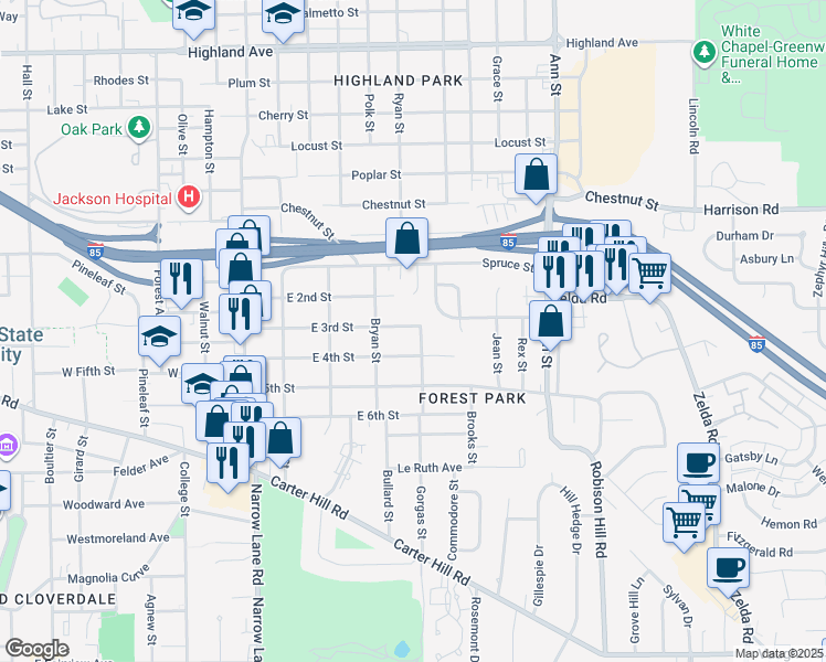 map of restaurants, bars, coffee shops, grocery stores, and more near 2332 East 3rd Street in Montgomery