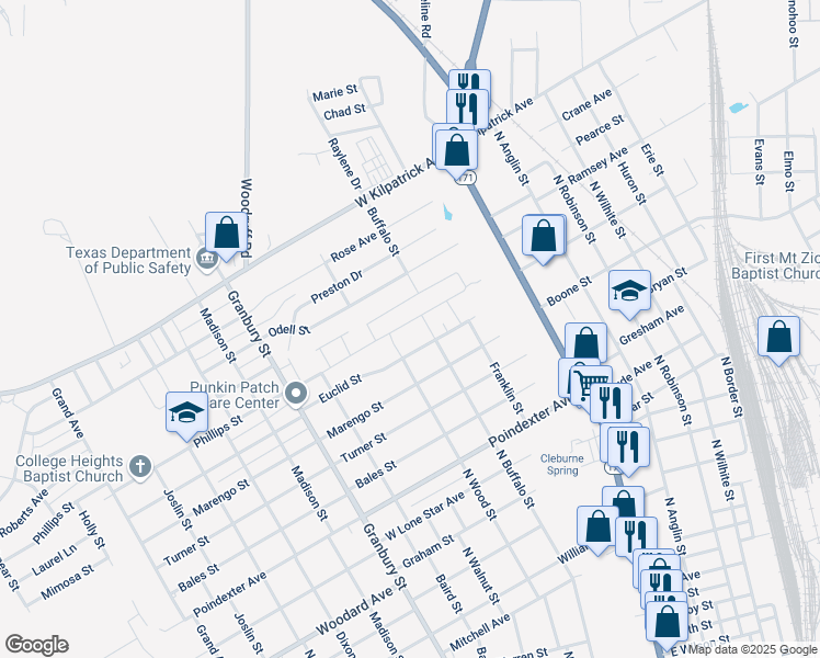 map of restaurants, bars, coffee shops, grocery stores, and more near 406 Euclid Street in Cleburne