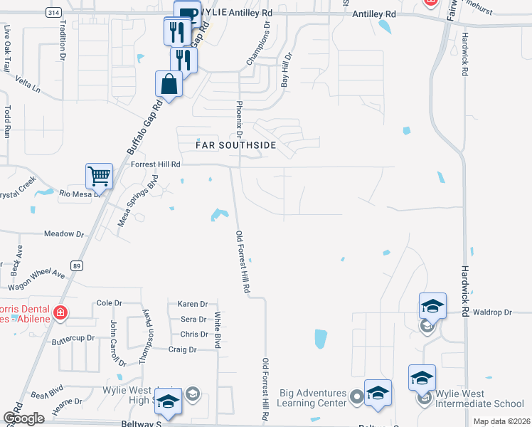 map of restaurants, bars, coffee shops, grocery stores, and more near 7341 Old Forrest Hill Road in Abilene