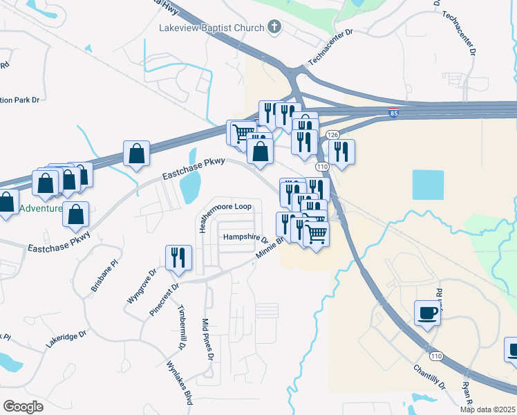 map of restaurants, bars, coffee shops, grocery stores, and more near 7108 Heathermoore Loop in Montgomery