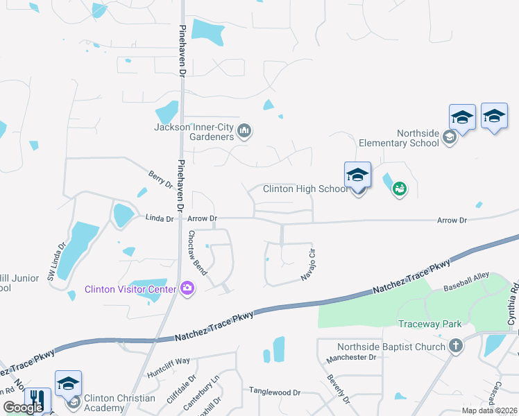 map of restaurants, bars, coffee shops, grocery stores, and more near 103 Arrow Drive in Clinton