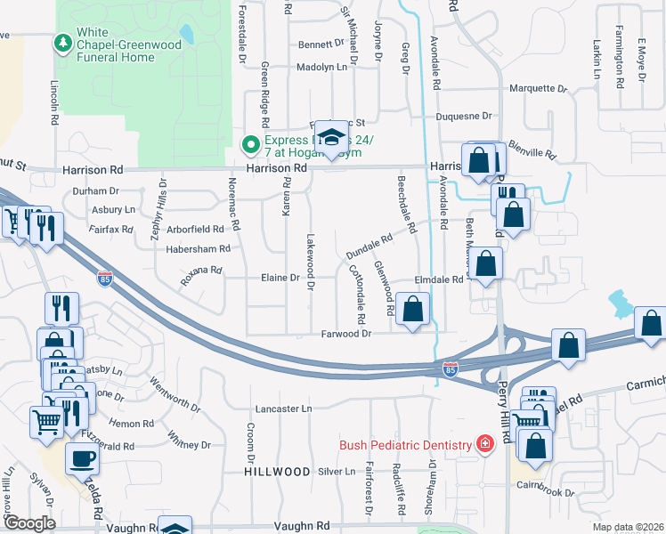 map of restaurants, bars, coffee shops, grocery stores, and more near 1212 Cottondale Road in Montgomery
