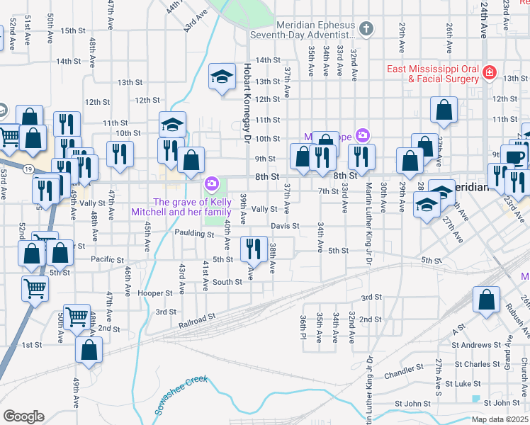 map of restaurants, bars, coffee shops, grocery stores, and more near 3804 Davis Street in Meridian