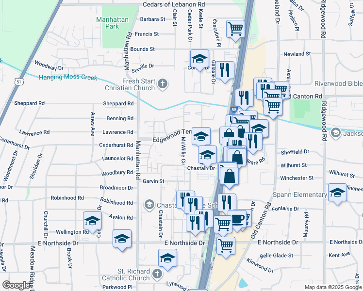 map of restaurants, bars, coffee shops, grocery stores, and more near 2 McWillie Circle in Jackson