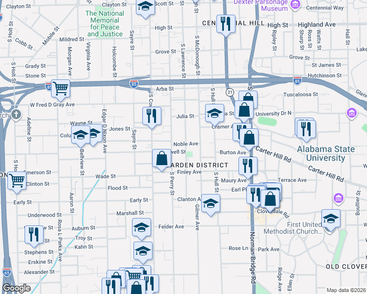map of restaurants, bars, coffee shops, grocery stores, and more near 1121 South Lawrence Street in Montgomery