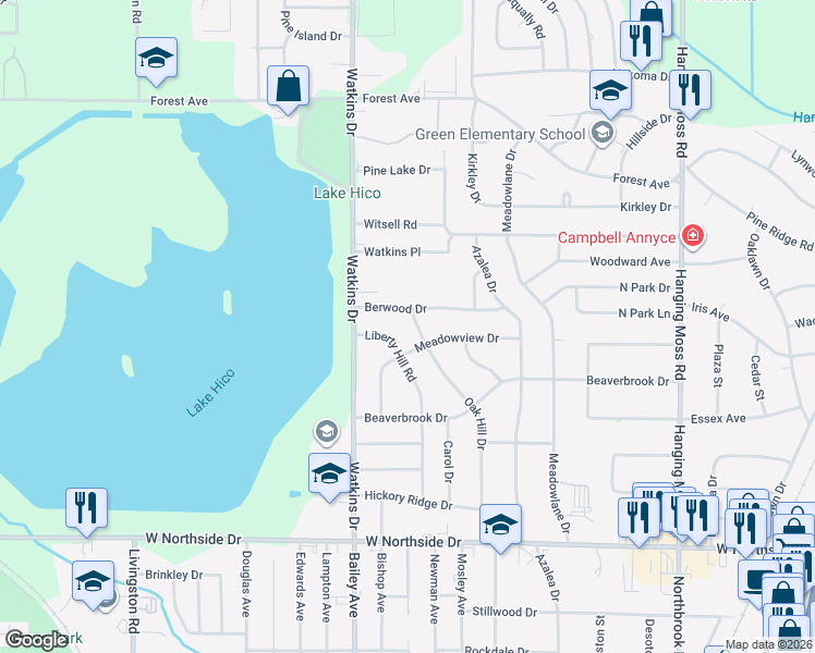 map of restaurants, bars, coffee shops, grocery stores, and more near 626 Meadowview Drive in Jackson