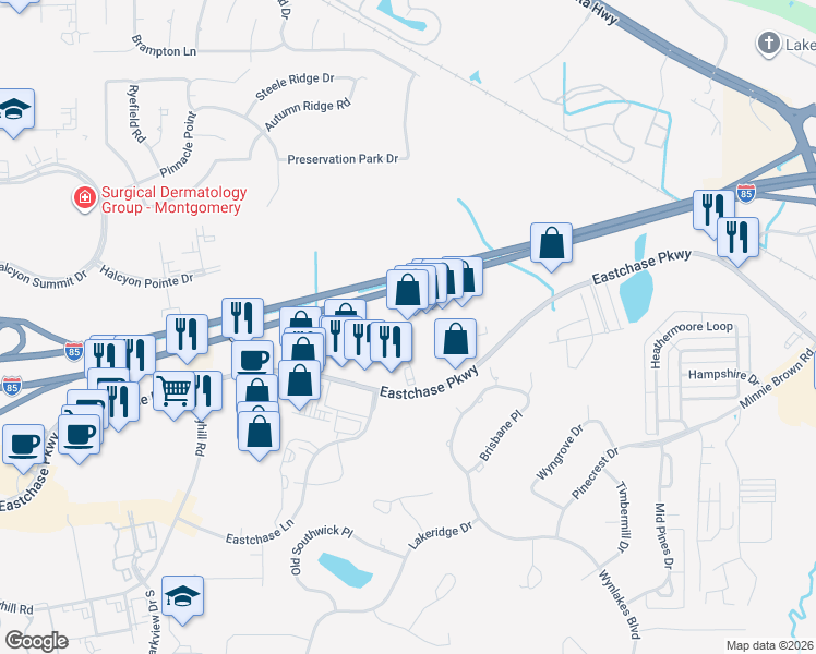 map of restaurants, bars, coffee shops, grocery stores, and more near 7861 Eastchase Parkway in Montgomery