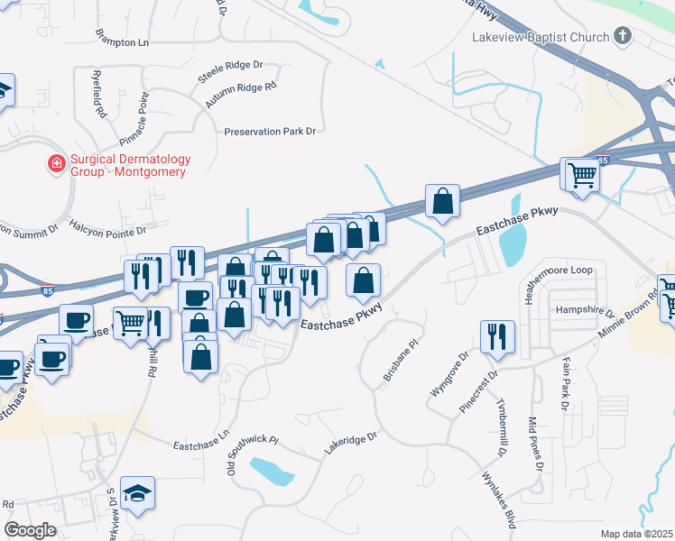 map of restaurants, bars, coffee shops, grocery stores, and more near 7861 Eastchase Parkway in Montgomery