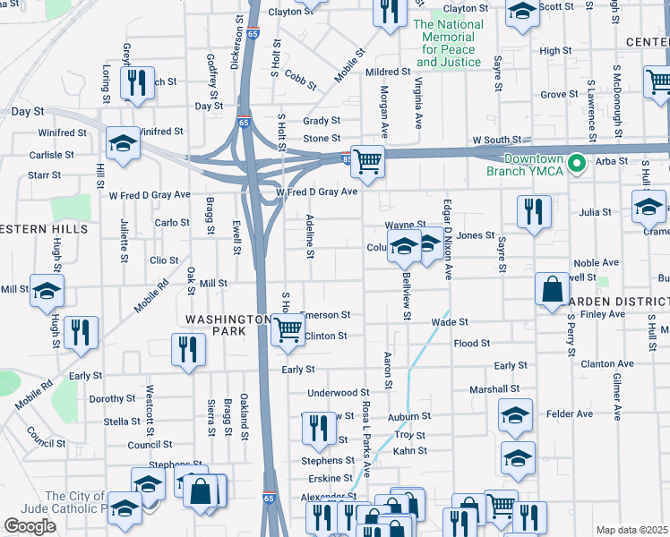 map of restaurants, bars, coffee shops, grocery stores, and more near Cleveland Court in Montgomery
