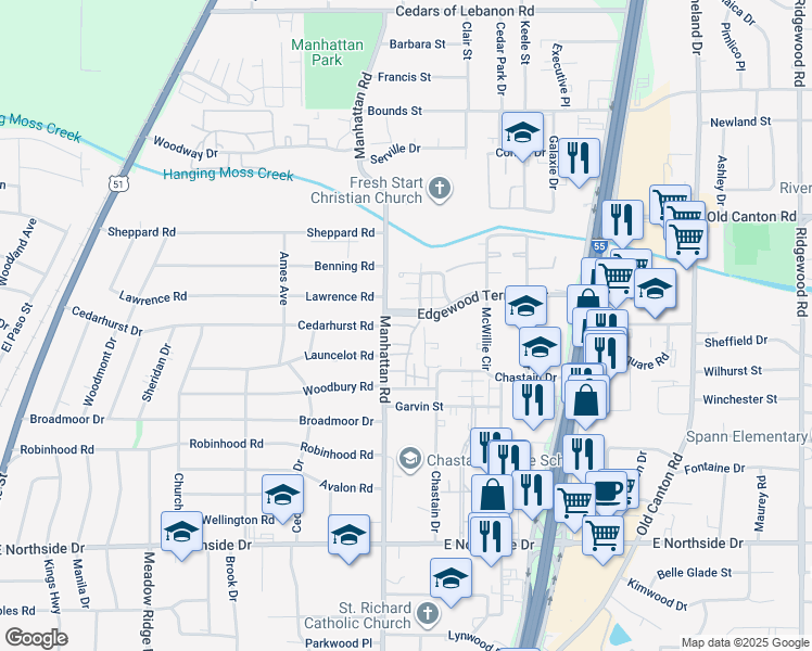 map of restaurants, bars, coffee shops, grocery stores, and more near 34 Crossing North Drive in Jackson