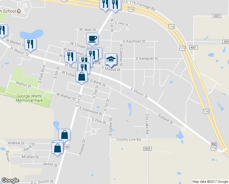 map of restaurants, bars, coffee shops, grocery stores, and more near 304 East Eubank Street in Mabank