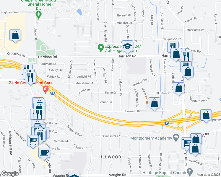 map of restaurants, bars, coffee shops, grocery stores, and more near 1176 Karen Road in Montgomery