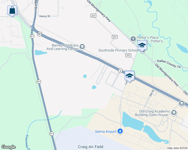 map of restaurants, bars, coffee shops, grocery stores, and more near 19 Luker Circle in Selma