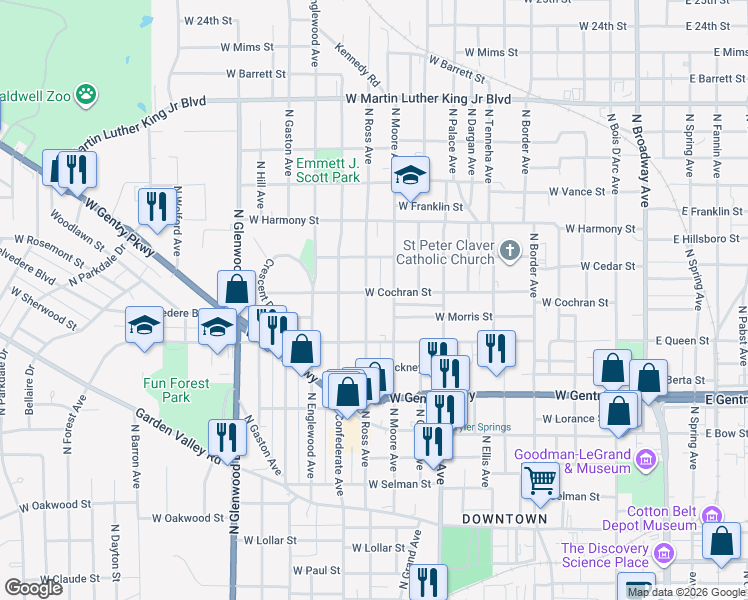 map of restaurants, bars, coffee shops, grocery stores, and more near 1221 North Ross Avenue in Tyler