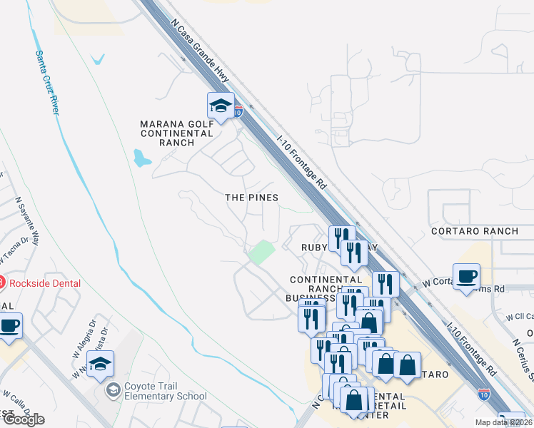 map of restaurants, bars, coffee shops, grocery stores, and more near 8592 North Western Juniper Terrace in Tucson