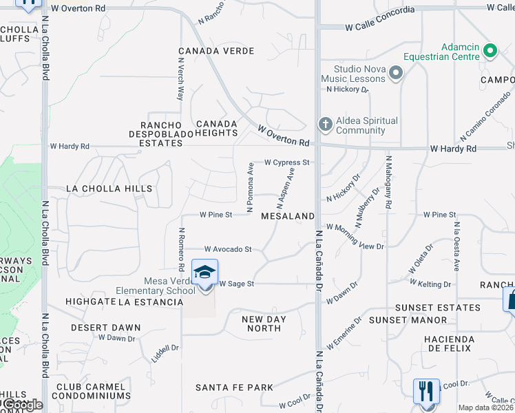map of restaurants, bars, coffee shops, grocery stores, and more near 8600 North Pomona Avenue in Tucson