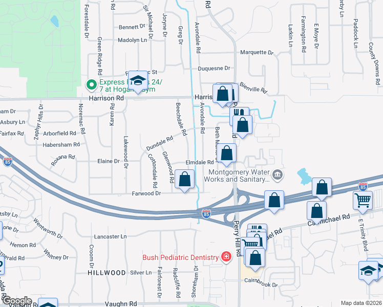 map of restaurants, bars, coffee shops, grocery stores, and more near 3621 Elmdale Road in Montgomery