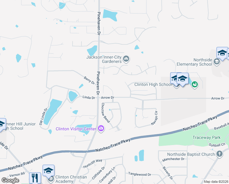 map of restaurants, bars, coffee shops, grocery stores, and more near 101-147 Arrow Drive in Clinton