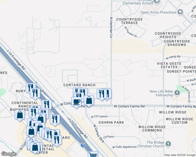 map of restaurants, bars, coffee shops, grocery stores, and more near 5497 West San Francisco Trail in Oro Valley