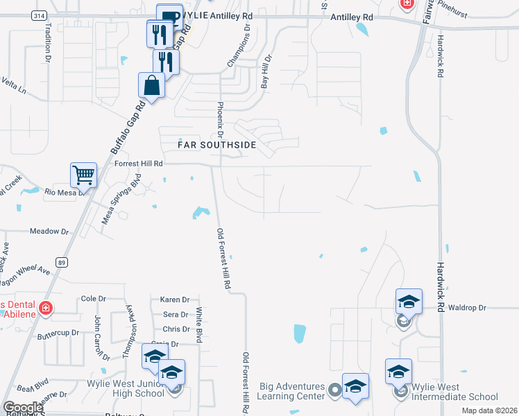 map of restaurants, bars, coffee shops, grocery stores, and more near 7341 Old Forrest Hill Road in Abilene
