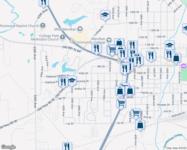 map of restaurants, bars, coffee shops, grocery stores, and more near 701 55th Avenue in Meridian