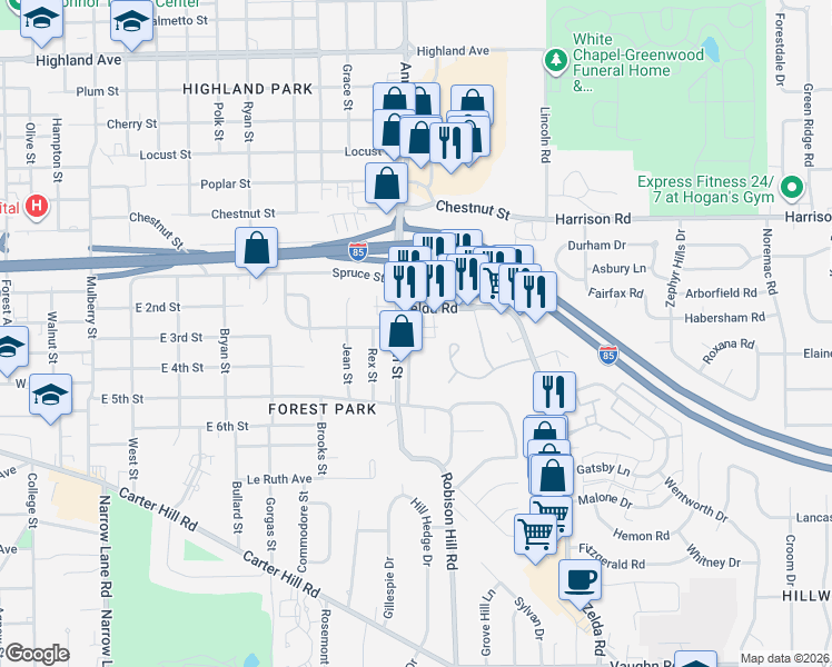 map of restaurants, bars, coffee shops, grocery stores, and more near 1536 East Ann Street in Montgomery