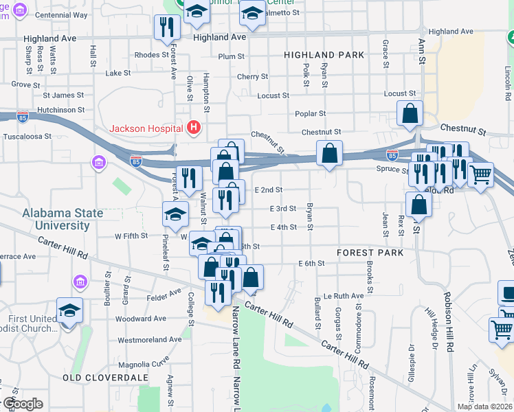 map of restaurants, bars, coffee shops, grocery stores, and more near 1717 West Street in Montgomery