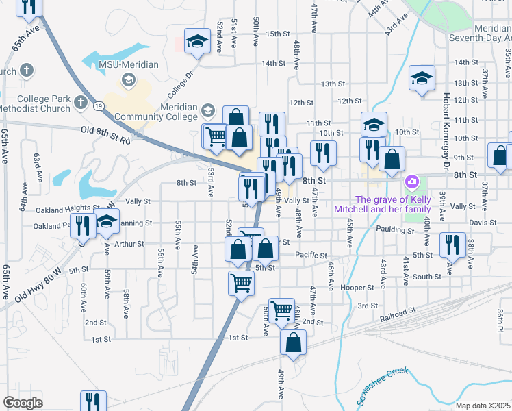 map of restaurants, bars, coffee shops, grocery stores, and more near 713 51st Ave in Meridian