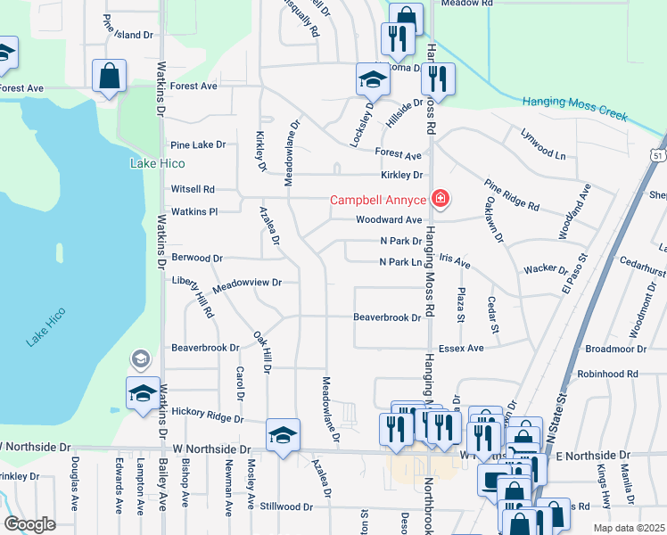 map of restaurants, bars, coffee shops, grocery stores, and more near 4136 Meadowlane Drive in Jackson