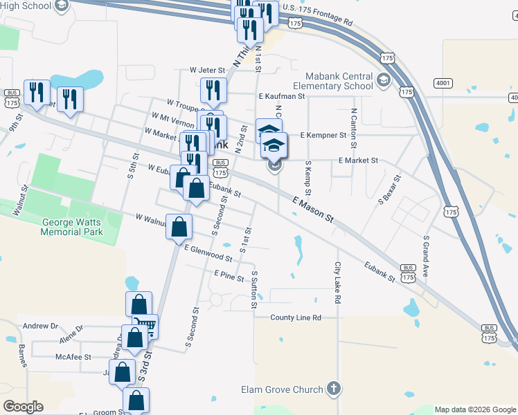 map of restaurants, bars, coffee shops, grocery stores, and more near 304 East Eubank Street in Mabank